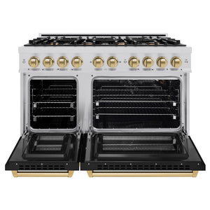 ZLINE Autograph Edition 48 in. 6.7 cu. ft. Select Double Oven Gas Range with 8 Burner Cooktop in Stainless Steel with Black Matte Doors and Champagne Bronze Accents (HGRZ-BLM-48-CB) front, oven open.