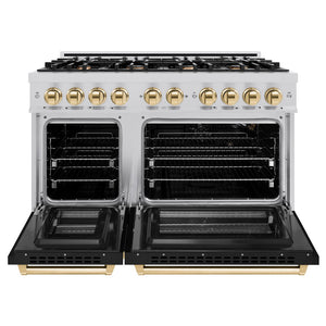ZLINE Autograph Edition 48 in. 6.7 cu. ft. Select Double Oven Gas Range with 8 Burner Cooktop in Stainless Steel with Black Matte Doors and Polished Gold Accents (HGRZ-BLM-48-G) front, oven open.