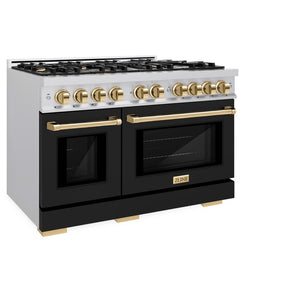 ZLINE Autograph Edition 48 in. 6.7 cu. ft. Select Double Oven Gas Range with 8 Burner Cooktop in Stainless Steel with Black Matte Doors and Polished Gold Accents (HGRZ-BLM-48-G) side, closed.