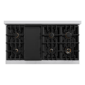 ZLINE Autograph Edition 48 in. 6.7 cu. ft. Select Double Oven Gas Range with 8 Burner Cooktop in Stainless Steel with Black Matte Doors and Polished Gold Accents (HGRZ-BLM-48-G) top-down, above cooktop.