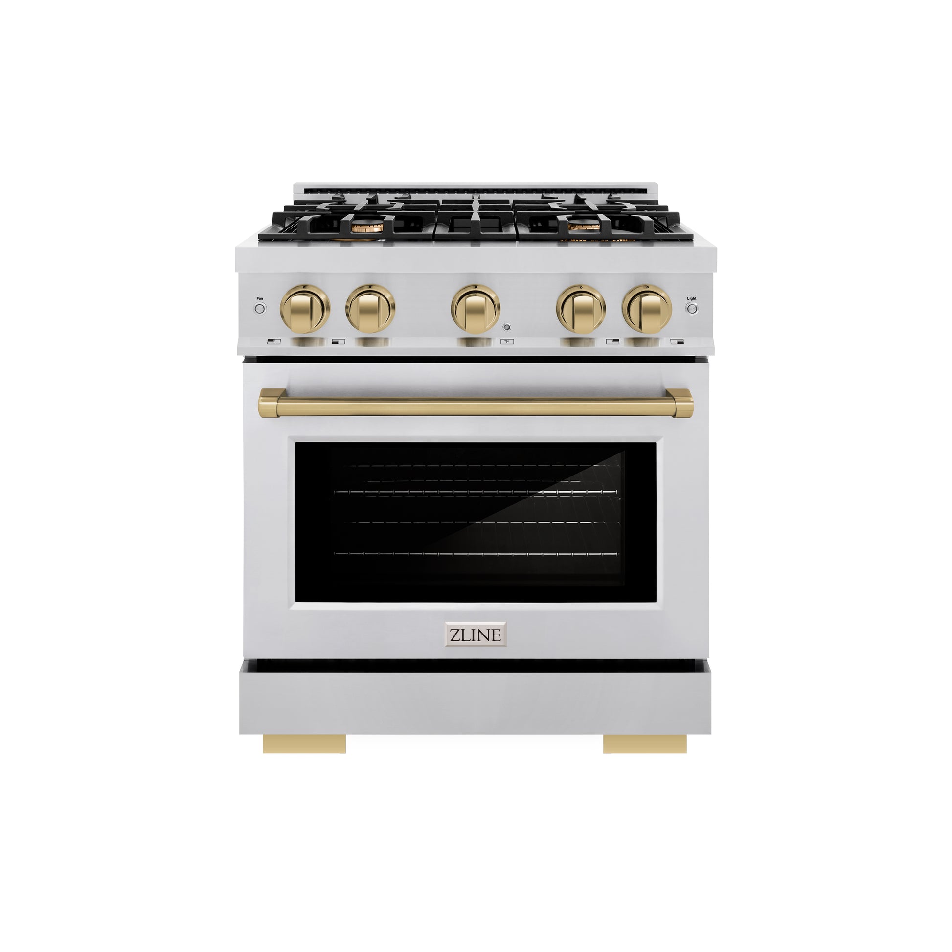 ZLINE Autograph Edition 30 in. 4.2 cu. ft. Select Dual Fuel Range with 4 Burner Gas Cooktop and Electric Convection Oven in Stainless Steel with Champagne Bronze Accents (HDRZ-30-CB) front.