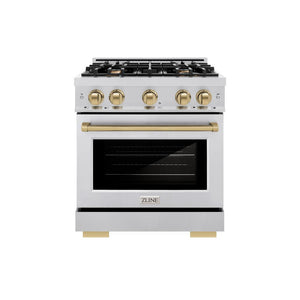 ZLINE Autograph Edition 30 in. 4.2 cu. ft. Select Dual Fuel Range with 4 Burner Gas Cooktop and Electric Convection Oven in Stainless Steel with Champagne Bronze Accents (HDRZ-30-CB) front, oven closed.