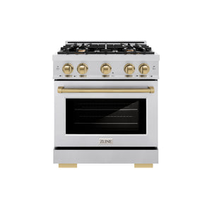 ZLINE Autograph Edition 30 in. 4.2 cu. ft. Select Dual Fuel Range with 4 Burner Gas Cooktop and Electric Convection Oven in Stainless Steel with Champagne Bronze Accents (HDRZ-30-CB) front.