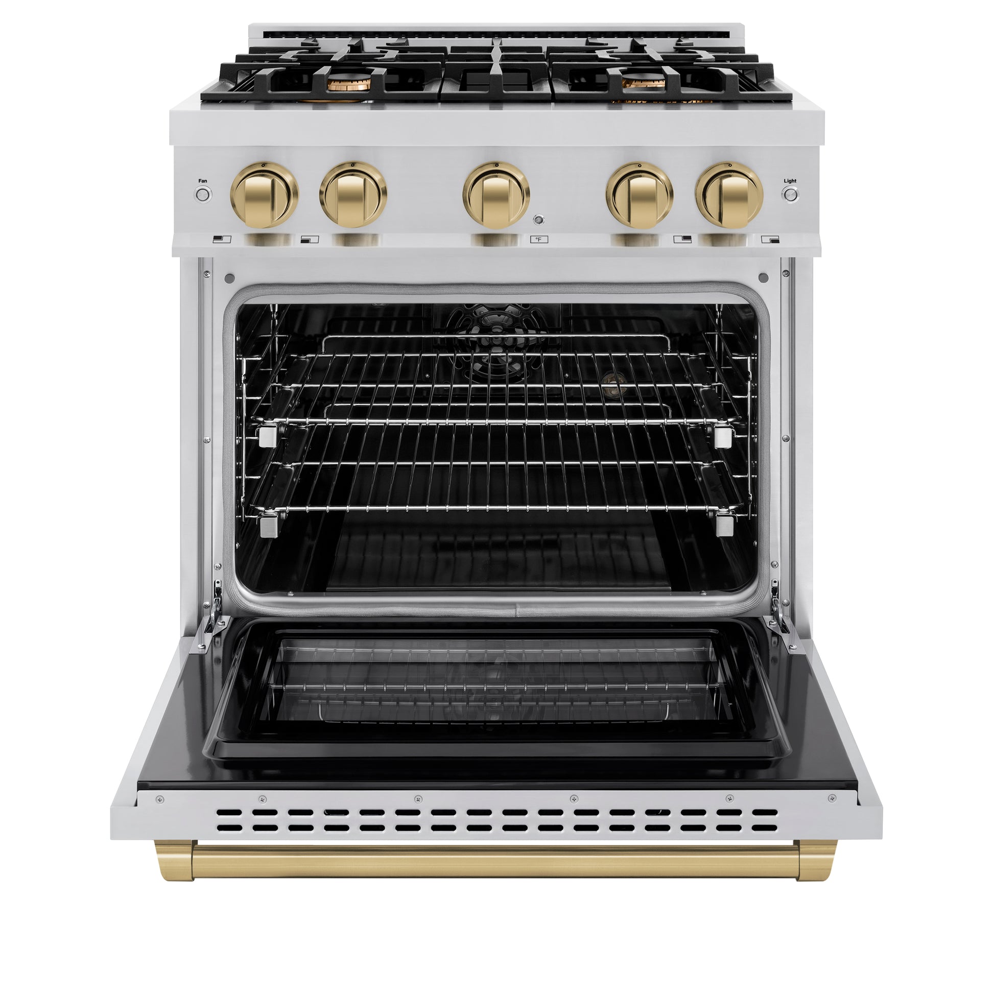 ZLINE Autograph Edition 30 in. 4.2 cu. ft. Select Dual Fuel Range with 4 Burner Gas Cooktop and Electric Convection Oven in Stainless Steel with Champagne Bronze Accents (HDRZ-30-CB) front, open.