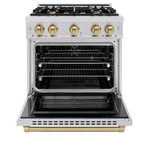 ZLINE Autograph Edition 30 in. 4.2 cu. ft. Select Dual Fuel Range with 4 Burner Gas Cooktop and Electric Convection Oven in Stainless Steel with Champagne Bronze Accents (HDRZ-30-CB) front, oven open.
