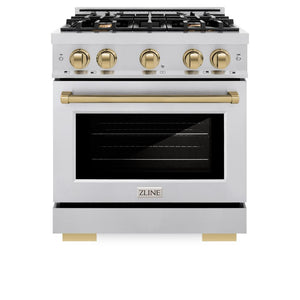 ZLINE Autograph Edition 30 in. 4.2 cu. ft. Select Dual Fuel Range with 4 Burner Gas Cooktop and Electric Convection Oven in Stainless Steel with Champagne Bronze Accents (HDRZ-30-CB) front, oven closed.