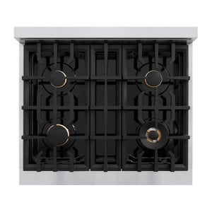 ZLINE Autograph Edition 30 in. 4.2 cu. ft. Select Dual Fuel Range with 4 Burner Gas Cooktop and Electric Convection Oven in Stainless Steel with Champagne Bronze Accents (HDRZ-30-CB) top-down, above cooktop.