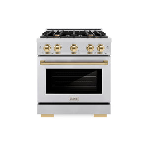 ZLINE Autograph Edition 30 in. 4.2 cu. ft. Select Dual Fuel Range with 4 Burner Gas Cooktop and Electric Convection Oven in Stainless Steel with Polished Gold Accents (HDRZ-30-G) front.