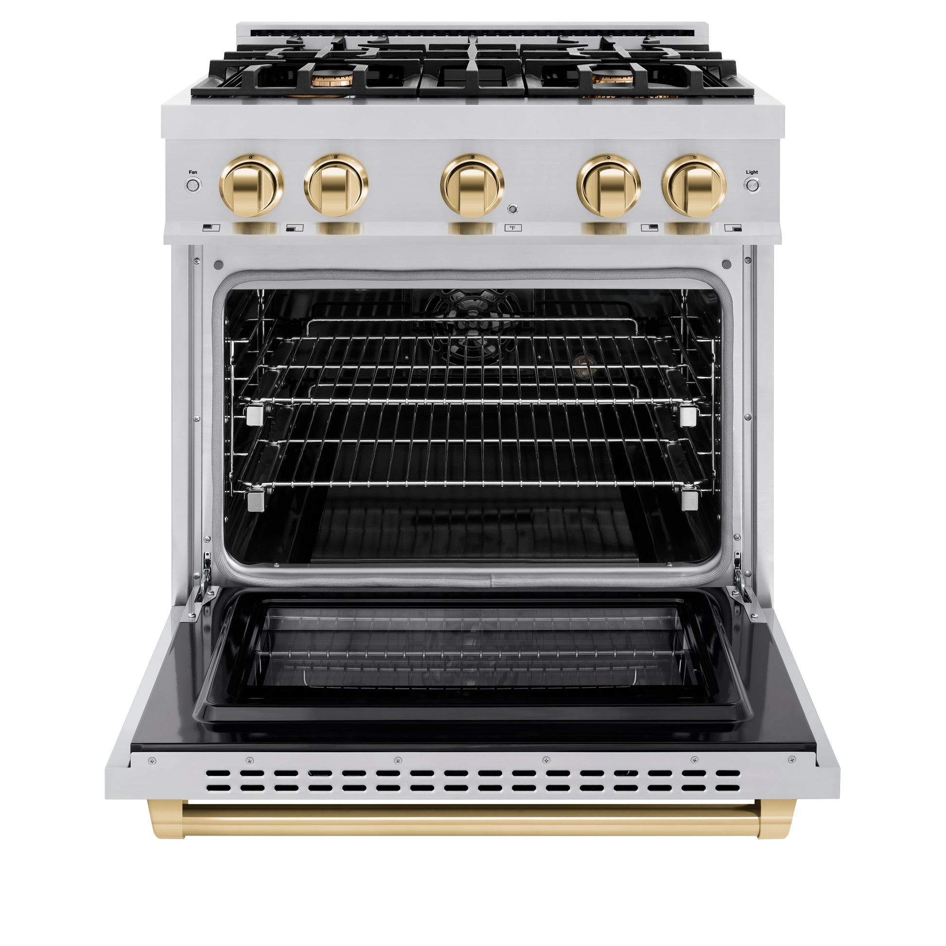 ZLINE Autograph Edition 30 in. 4.2 cu. ft. Select Dual Fuel Range with 4 Burner Gas Cooktop and Electric Convection Oven in Stainless Steel with Polished Gold Accents (HDRZ-30-G) front, open.