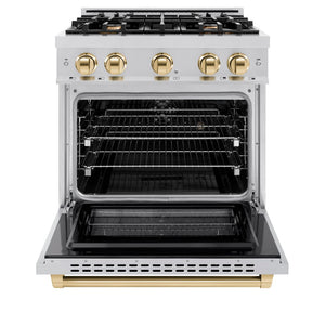 ZLINE Autograph Edition 30 in. 4.2 cu. ft. Select Dual Fuel Range with 4 Burner Gas Cooktop and Electric Convection Oven in Stainless Steel with Polished Gold Accents (HDRZ-30-G) front, oven open.