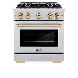 ZLINE Autograph Edition 30 in. 4.2 cu. ft. Select Dual Fuel Range with 4 Burner Gas Cooktop and Electric Convection Oven in Stainless Steel with Polished Gold Accents (HDRZ-30-G) front, oven closed.