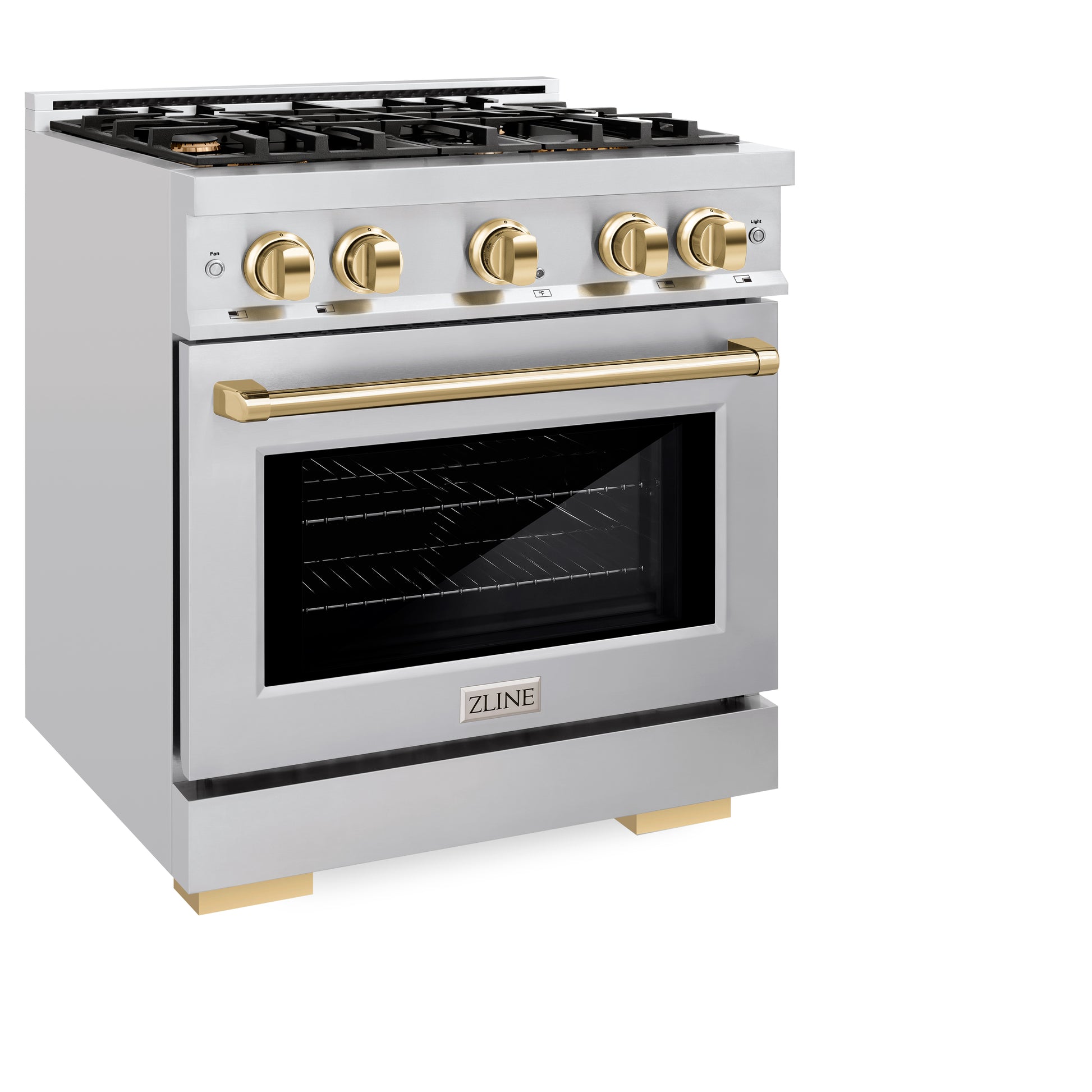 ZLINE Autograph Edition 30 in. 4.2 cu. ft. Select Dual Fuel Range with 4 Burner Gas Cooktop and Electric Convection Oven in Stainless Steel with Polished Gold Accents (HDRZ-30-G) side, closed.