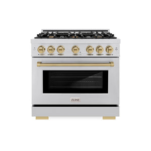 ZLINE Autograph Edition 36 in. 5.2 cu. ft. Select Dual Fuel Range with 6 Burner Gas Cooktop and Electric Convection Oven in Stainless Steel with Champagne Bronze Accents (HDRZ-36-CB) front, oven closed.