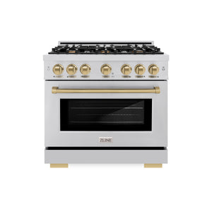 ZLINE Autograph Edition 36 in. 5.2 cu. ft. Select Dual Fuel Range with 6 Burner Gas Cooktop and Electric Convection Oven in Stainless Steel with Champagne Bronze Accents (HDRZ-36-CB) front.