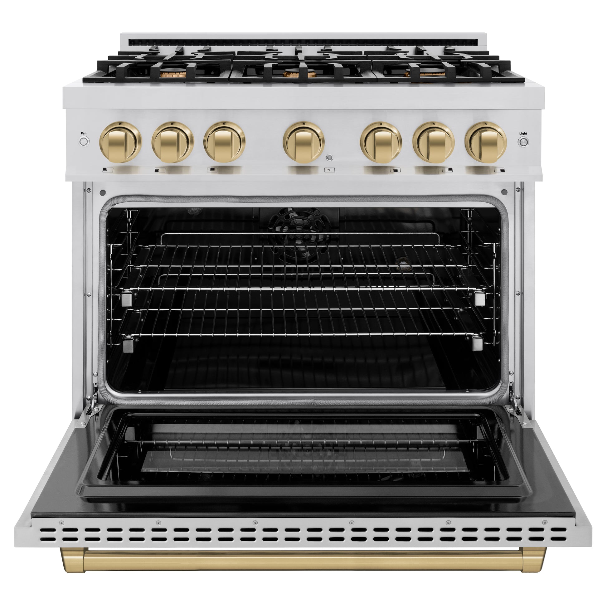 ZLINE Autograph Edition 36 in. 5.2 cu. ft. Select Dual Fuel Range with 6 Burner Gas Cooktop and Electric Convection Oven in Stainless Steel with Champagne Bronze Accents (HDRZ-36-CB) front, open.