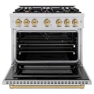 ZLINE Autograph Edition 36 in. 5.2 cu. ft. Select Dual Fuel Range with 6 Burner Gas Cooktop and Electric Convection Oven in Stainless Steel with Champagne Bronze Accents (HDRZ-36-CB) front, oven open.