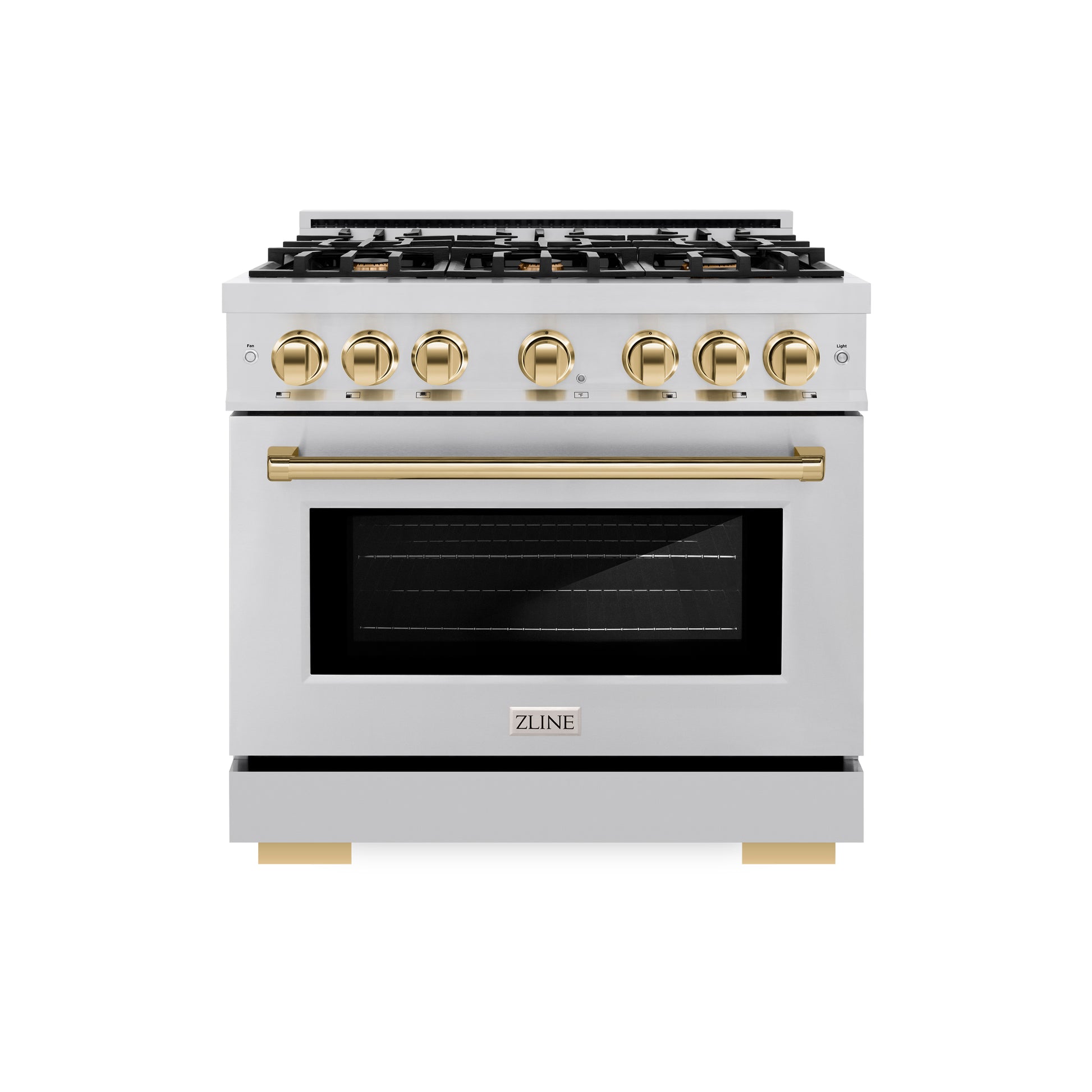 ZLINE Autograph Edition 36 in. 5.2 cu. ft. Select Dual Fuel Range with 6 Burner Gas Cooktop and Electric Convection Oven in Stainless Steel with Polished Gold Accents (HDRZ-36-G) front.