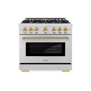 ZLINE Autograph Edition 36 in. 5.2 cu. ft. Select Dual Fuel Range with 6 Burner Gas Cooktop and Electric Convection Oven in Stainless Steel with Polished Gold Accents (HDRZ-36-G) front, oven closed.