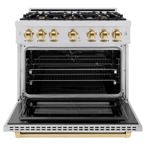 ZLINE Autograph Edition 36 in. 5.2 cu. ft. Select Dual Fuel Range with 6 Burner Gas Cooktop and Electric Convection Oven in Stainless Steel with Polished Gold Accents (HDRZ-36-G) front, oven open.