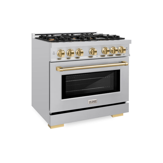 ZLINE Autograph Edition 36 in. 5.2 cu. ft. Select Dual Fuel Range with 6 Burner Gas Cooktop and Electric Convection Oven in Stainless Steel with Polished Gold Accents (HDRZ-36-G)