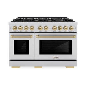 ZLINE Autograph Edition 48 in. 6.7 cu. ft. Select Double Oven Dual Fuel Range with 8 Burner Gas Cooktop in Stainless Steel and Champagne Bronze Accents (HDRZ-48-CB) front, oven closed.
