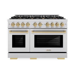 ZLINE Autograph Edition 48 in. 6.7 cu. ft. Select Double Oven Dual Fuel Range with 8 Burner Gas Cooktop in Stainless Steel and Champagne Bronze Accents (HDRZ-48-CB) front.