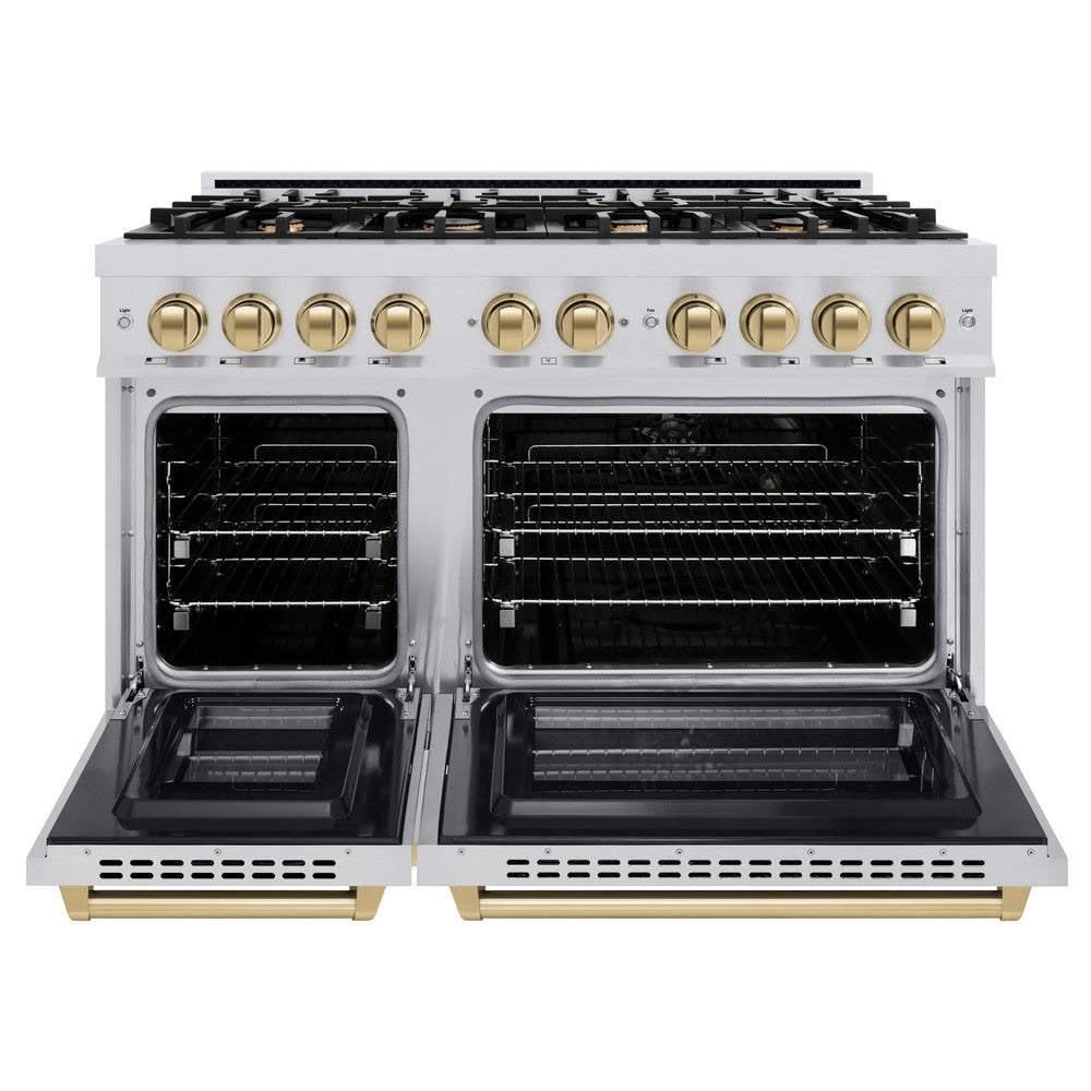 ZLINE Autograph Edition 48 in. 6.7 cu. ft. Select Double Oven Dual Fuel Range with 8 Burner Gas Cooktop in Stainless Steel and Champagne Bronze Accents (HDRZ-48-CB) front, open.