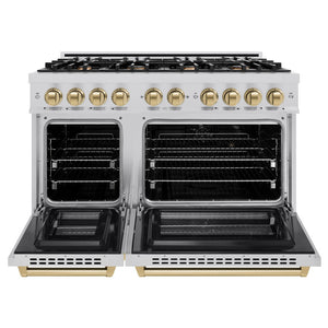 ZLINE Autograph Edition 48 in. 6.7 cu. ft. Select Double Oven Dual Fuel Range with 8 Burner Gas Cooktop in Stainless Steel and Champagne Bronze Accents (HDRZ-48-CB) front, oven open.