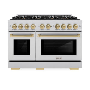 ZLINE Autograph Edition 48 in. 6.7 cu. ft. Select Double Oven Dual Fuel Range with 8 Burner Gas Cooktop in Stainless Steel and Champagne Bronze Accents (HDRZ-48-CB) front, oven closed.