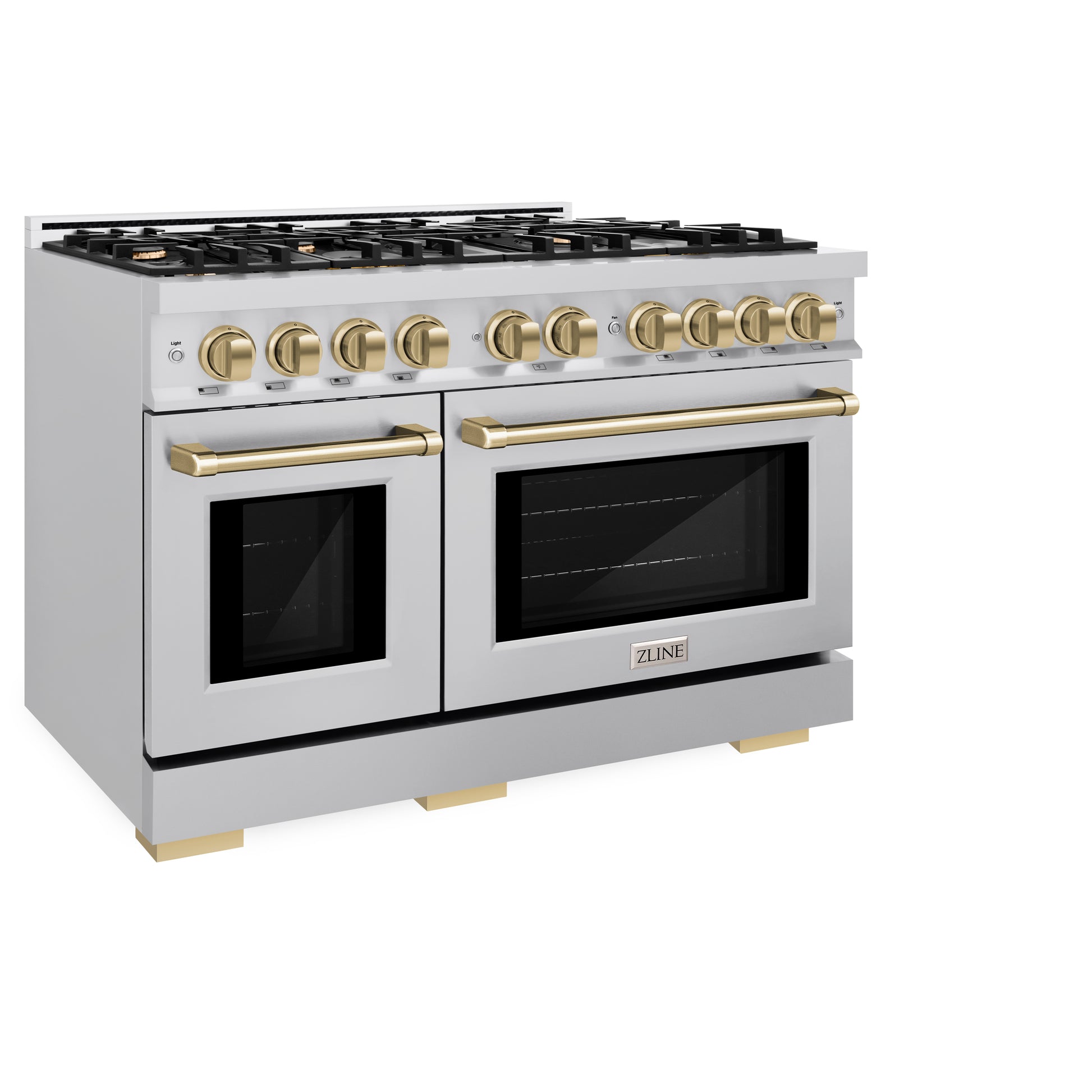 ZLINE Autograph Edition 48 in. 6.7 cu. ft. Select Double Oven Dual Fuel Range with 8 Burner Gas Cooktop in Stainless Steel and Champagne Bronze Accents (HDRZ-48-CB) side, closed.