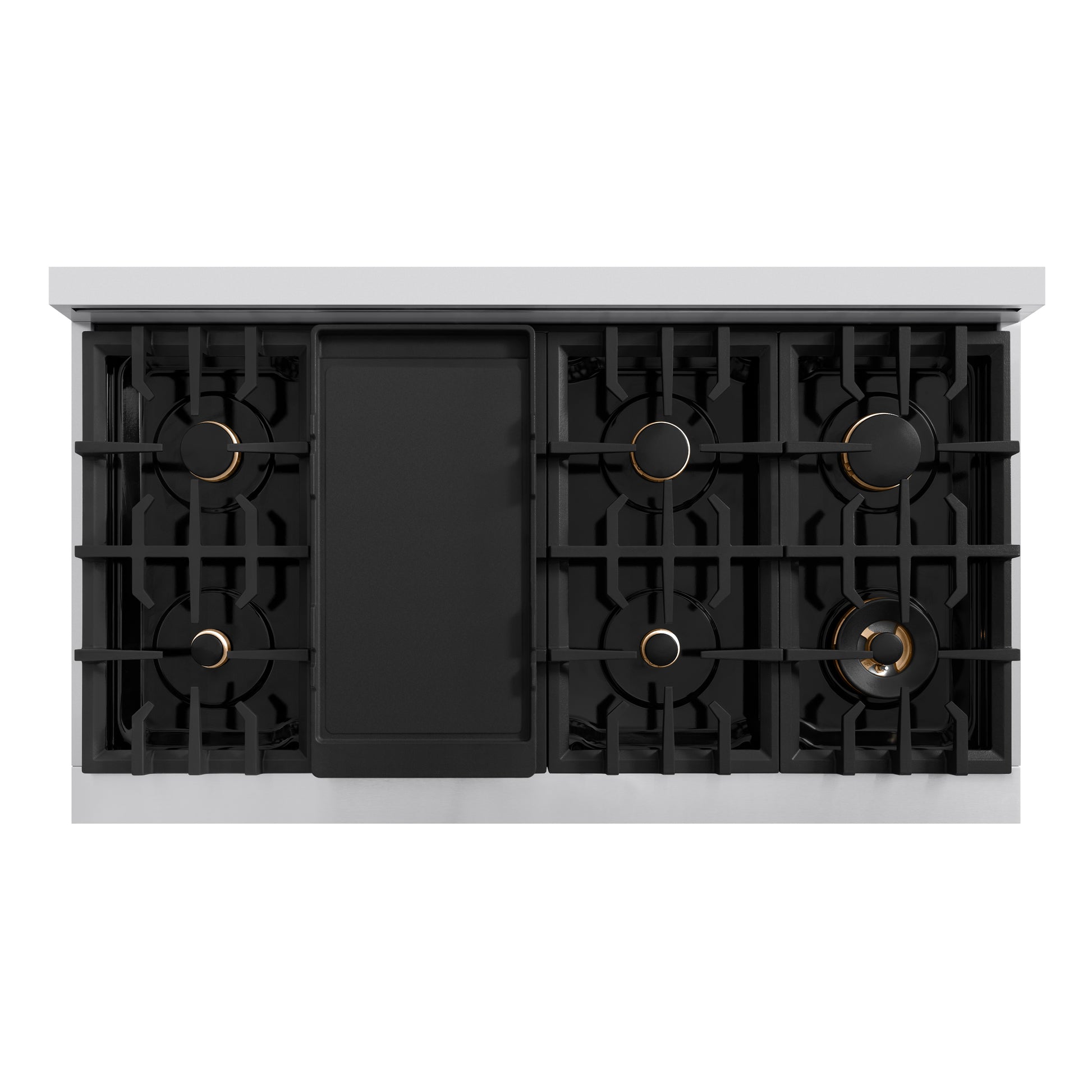 ZLINE Autograph Edition 48 in. 6.7 cu. ft. Select Double Oven Dual Fuel Range with 8 Burner Gas Cooktop in Stainless Steel and Champagne Bronze Accents (HDRZ-48-CB) top-down, above cooktop.