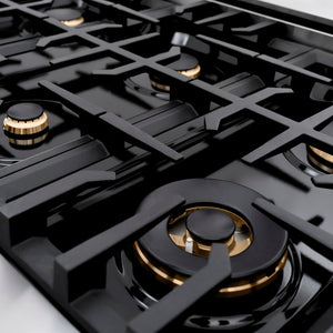 ZLINE Autograph Edition 48 in. 6.7 cu. ft. Select Double Oven Dual Fuel Range with 8 Burner Gas Cooktop in Stainless Steel and Polished Gold Accents (HDRZ-48-G) close-up, dual function brass burner and cast-iron grates from side.