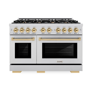 ZLINE Autograph Edition 48 in. 6.7 cu. ft. Select Double Oven Dual Fuel Range with 8 Burner Gas Cooktop in Stainless Steel and Polished Gold Accents (HDRZ-48-G) front, oven closed.