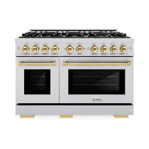 ZLINE Autograph Edition 48 in. 6.7 cu. ft. Select Double Oven Dual Fuel Range with 8 Burner Gas Cooktop in Stainless Steel and Polished Gold Accents (HDRZ-48-G) front.