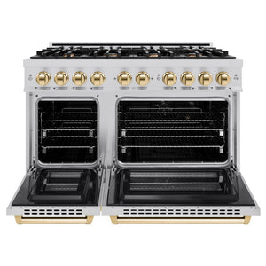 ZLINE Autograph Edition 48 in. 6.7 cu. ft. Select Double Oven Dual Fuel Range with 8 Burner Gas Cooktop in Stainless Steel and Polished Gold Accents (HDRZ-48-G) front, oven open.