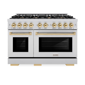 ZLINE Autograph Edition 48 in. 6.7 cu. ft. Select Double Oven Dual Fuel Range with 8 Burner Gas Cooktop in Stainless Steel and Polished Gold Accents (HDRZ-48-G) front, oven closed.