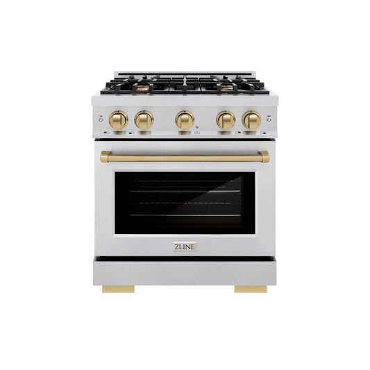 ZLINE Autograph Edition 30 in. 4.2 cu. ft. Select Gas Range with 4 Burner Cooktop and Convection Gas Oven in Stainless Steel and Champagne Bronze Accents (HGRZ-30-CB) front, oven closed.