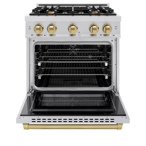 ZLINE Autograph Edition 30 in. 4.2 cu. ft. Select Gas Range with 4 Burner Cooktop and Convection Gas Oven in Stainless Steel and Champagne Bronze Accents (HGRZ-30-CB) front, oven open.