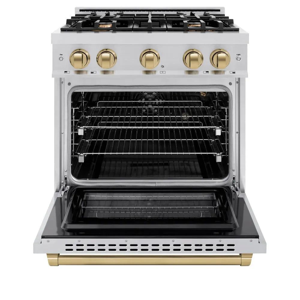 ZLINE Autograph Edition 30 in. 4.2 cu. ft. Select Gas Range with 4 Burner Cooktop and Convection Gas Oven in Stainless Steel and Champagne Bronze Accents (HGRZ-30-CB) front, oven open.