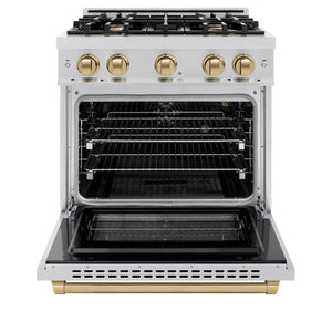 ZLINE Autograph Edition 30 in. 4.2 cu. ft. Select Gas Range with 4 Burner Cooktop and Convection Gas Oven in Stainless Steel and Champagne Bronze Accents (HGRZ-30-CB) front, oven open.