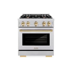 ZLINE Autograph Edition 30 in. 4.2 cu. ft. Select Gas Range with 4 Burner Cooktop and Convection Gas Oven in Stainless Steel and Polished Gold Accents (HGRZ-30-G) front, oven closed.