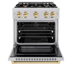 ZLINE Autograph Edition 30 in. 4.2 cu. ft. Select Gas Range with 4 Burner Cooktop and Convection Gas Oven in Stainless Steel and Polished Gold Accents (HGRZ-30-G) front, oven open.