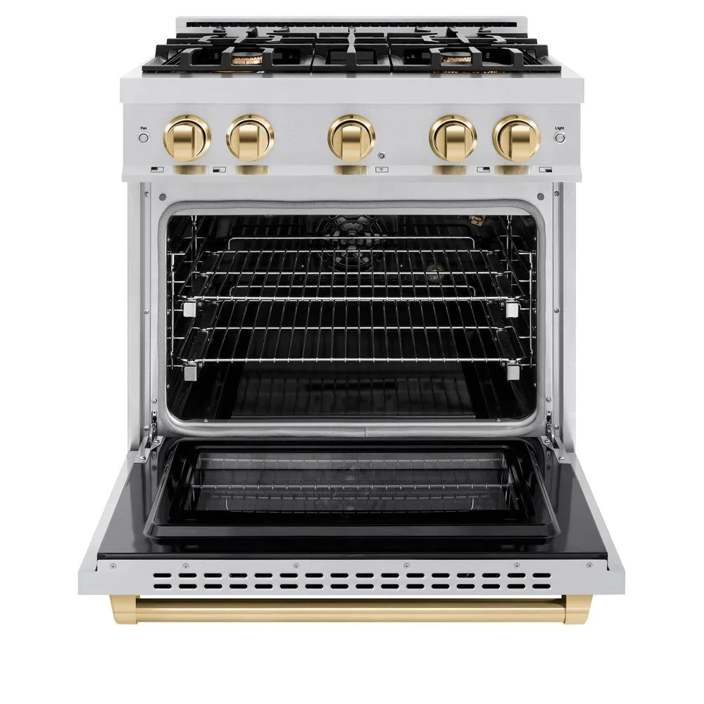 ZLINE Autograph Edition 30 in. 4.2 cu. ft. Select Gas Range with 4 Burner Cooktop and Convection Gas Oven in Stainless Steel and Polished Gold Accents (HGRZ-30-G) front, oven open.