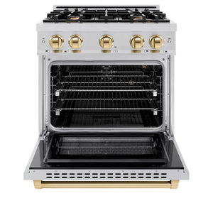 ZLINE Autograph Edition 30 in. 4.2 cu. ft. Select Gas Range with 4 Burner Cooktop and Convection Gas Oven in Stainless Steel and Polished Gold Accents (HGRZ-30-G) front, oven open.