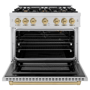 ZLINE Autograph Edition 36 in. 5.2 cu. ft. Select Gas Range with 6 Burner Cooktop and Convection Gas Oven in Stainless Steel and Champagne Bronze Accents (HGRZ-36-CB) front, oven open.