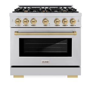 ZLINE Autograph Edition 36 in. 5.2 cu. ft. Select Gas Range with 6 Burner Cooktop and Convection Gas Oven in Stainless Steel and Champagne Bronze Accents (HGRZ-36-CB) front, oven closed.