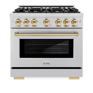 ZLINE Autograph Edition 36 in. 5.2 cu. ft. Select Gas Range with 6 Burner Cooktop and Convection Gas Oven in Stainless Steel and Polished Gold Accents (HGRZ-36-G) front, oven closed.