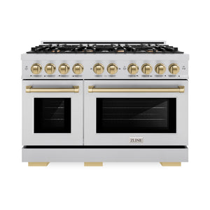 ZLINE Autograph Edition 48 in. 6.7 cu. ft. Select Double Oven Gas Range with 8 Burner Cooktop in Stainless Steel and Champagne Bronze Accents (HGRZ-48-CB) front, oven closed.
