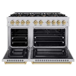 ZLINE Autograph Edition 48 in. 6.7 cu. ft. Select Double Oven Gas Range with 8 Burner Cooktop in Stainless Steel and Champagne Bronze Accents (HGRZ-48-CB) front, oven open.