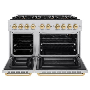ZLINE Autograph Edition 48 in. 6.7 cu. ft. Select Double Oven Gas Range with 8 Burner Cooktop in Stainless Steel and Polished Gold Accents (HGRZ-48-G) front, oven open.